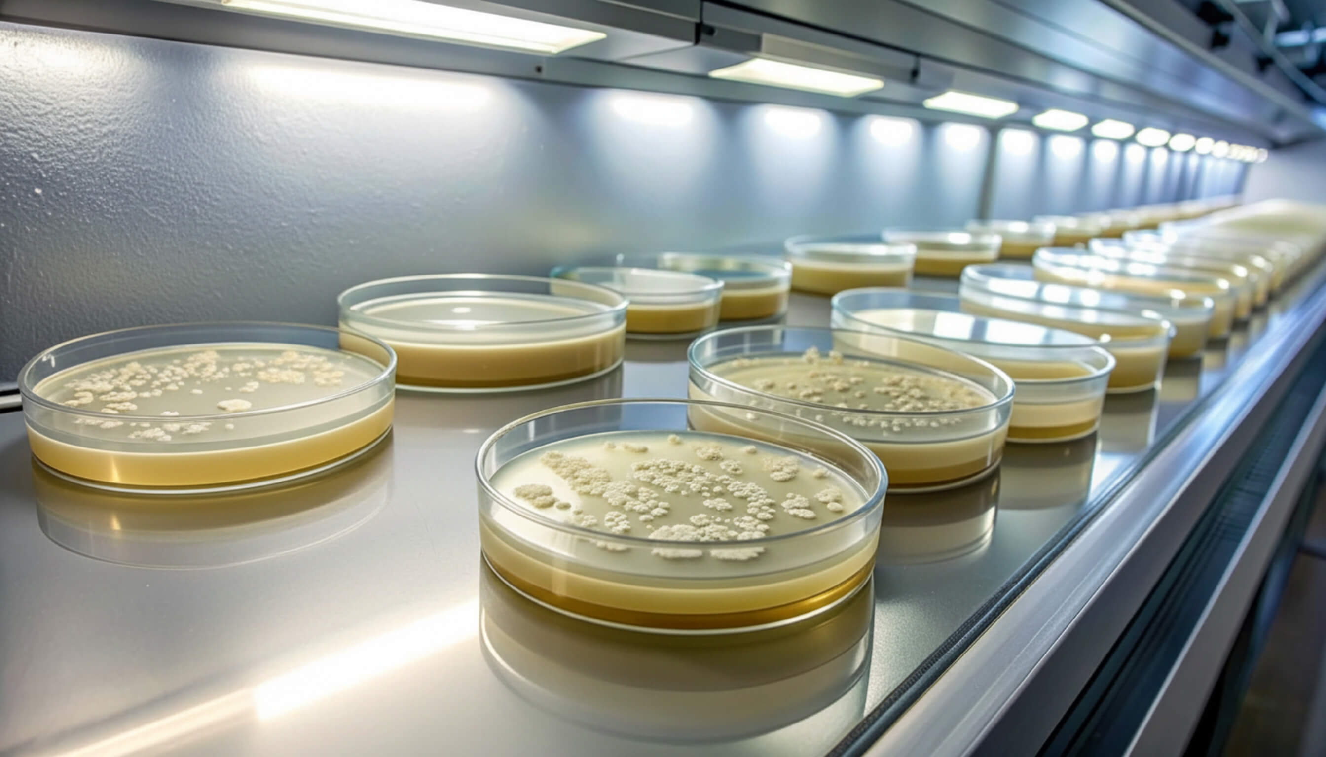 Multiple Petri dishes with microbiological cultures are placed under laboratory lighting on a work surface.