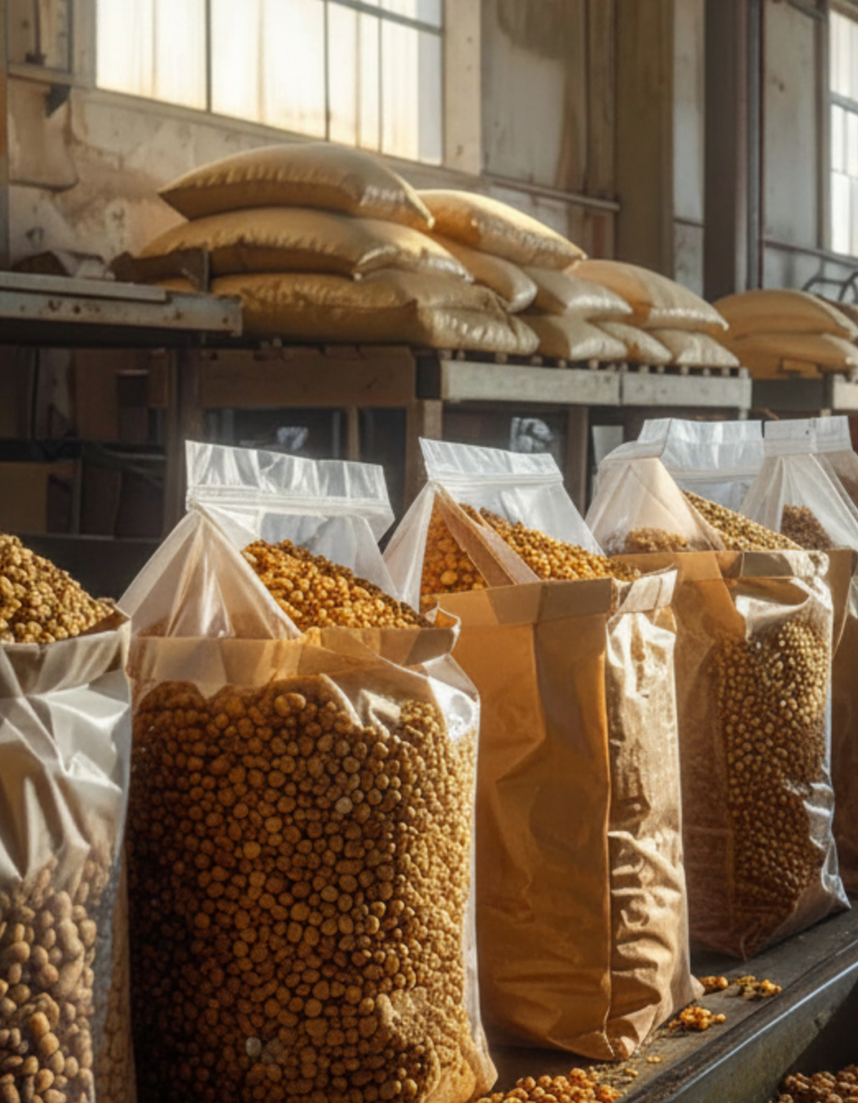 Cereals, soybeans and feed pellets used for microbiological feed safety testing.