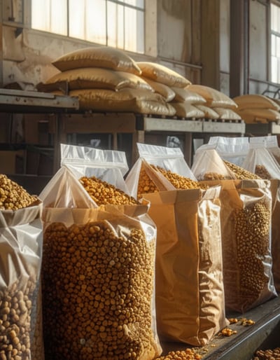 Cereals, soybeans and feed pellets used for microbiological feed safety testing.