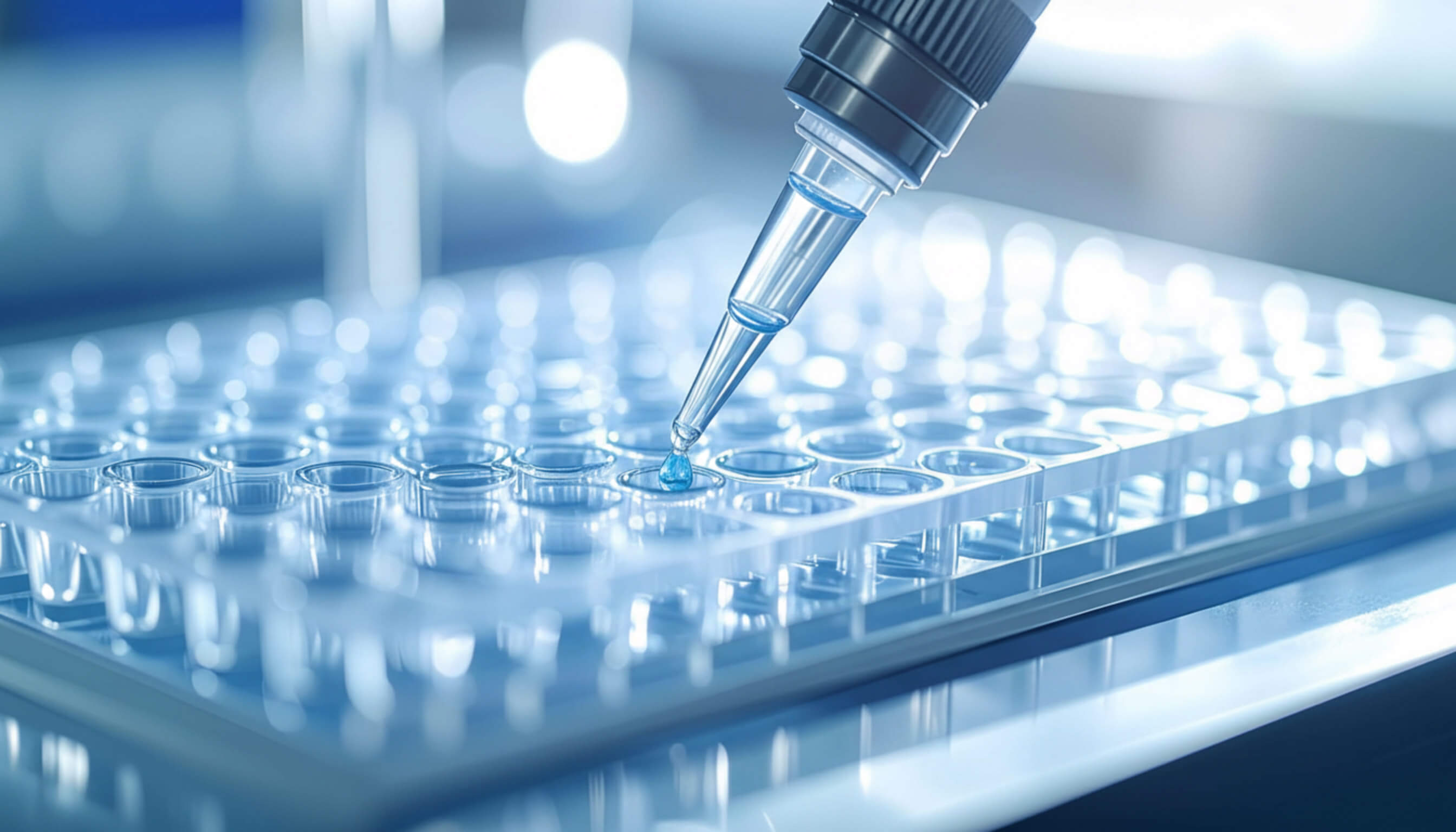 A laboratory worker uses a pipette to transfer liquid into a test tube, part of an ELISA well plate procedure.