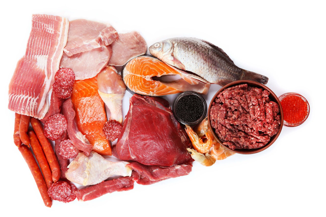 Fresh meat, sausage, and fish products are arranged on a white background in a top-down view.