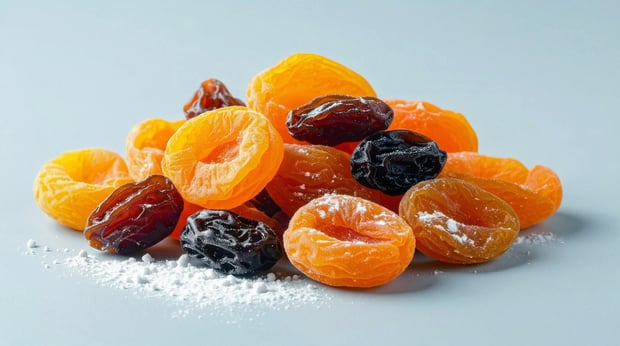 A close-up of dried fruits displayed on a white background.