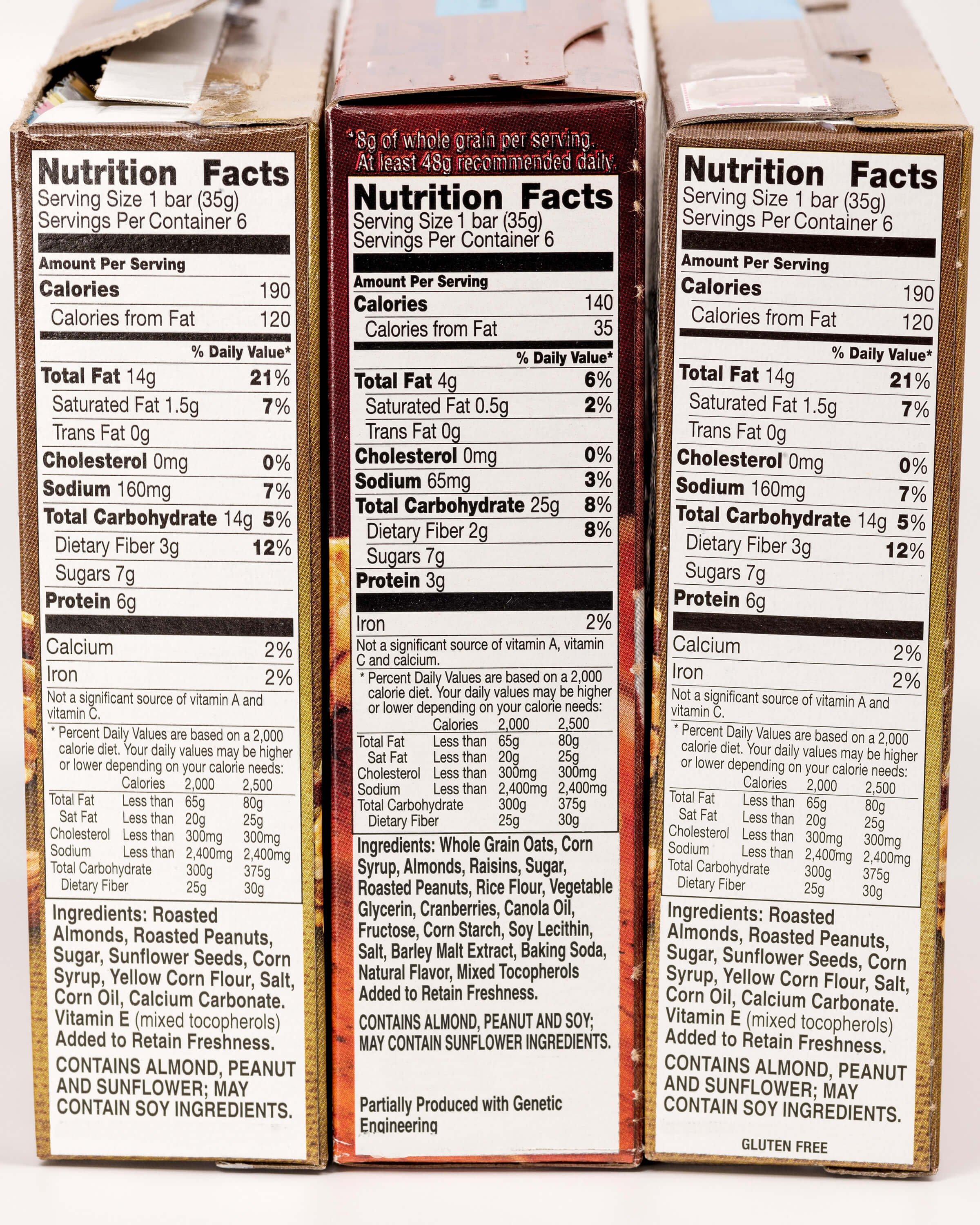 Nutrition facts panels are visible on the sides of three packaged products, including calorie information.