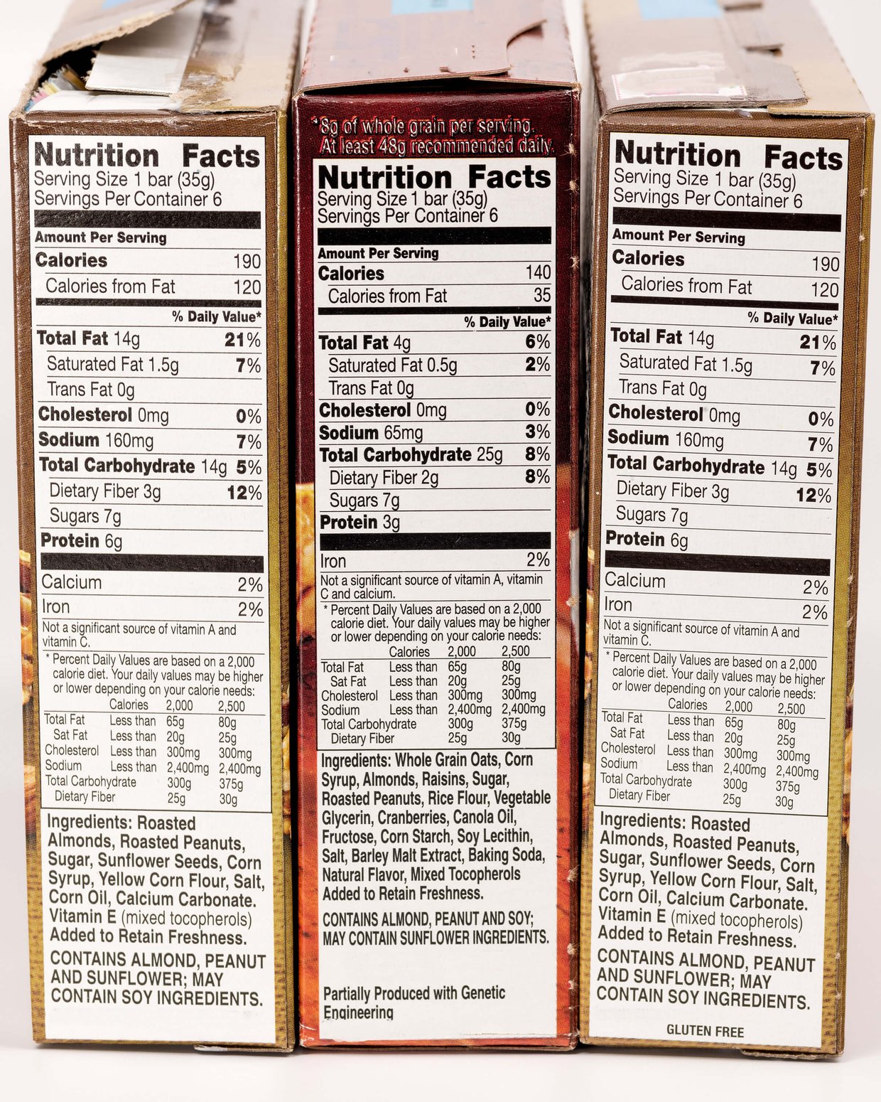 Nutrition facts panels are visible on the sides of three packaged products, including calorie information.