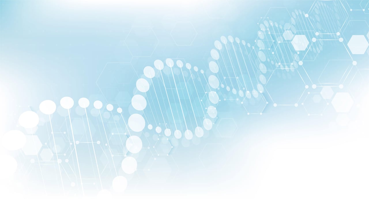A glowing digital DNA sequence and code structure on a futuristic nanotechnology science background.