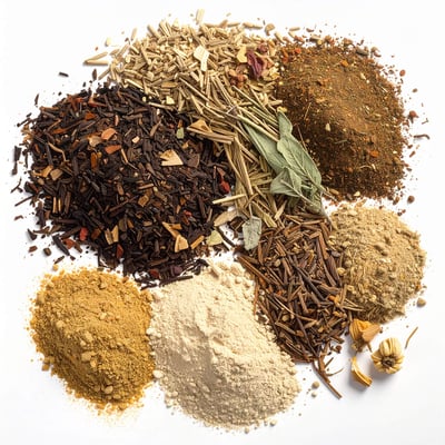 A collection of various spices and herbs arranged on a white background, showcasing vibrant colors and textures of botanicals.