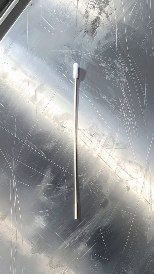 A sampling swab-like tool rests on a metal surface, representing cleaning validation in a clinical or laboratory setting.