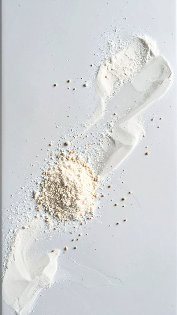 Two powders are visible on a white surface, with one spread broadly across the area and a small pile of another in the center, illustrating cross-contact assessment.