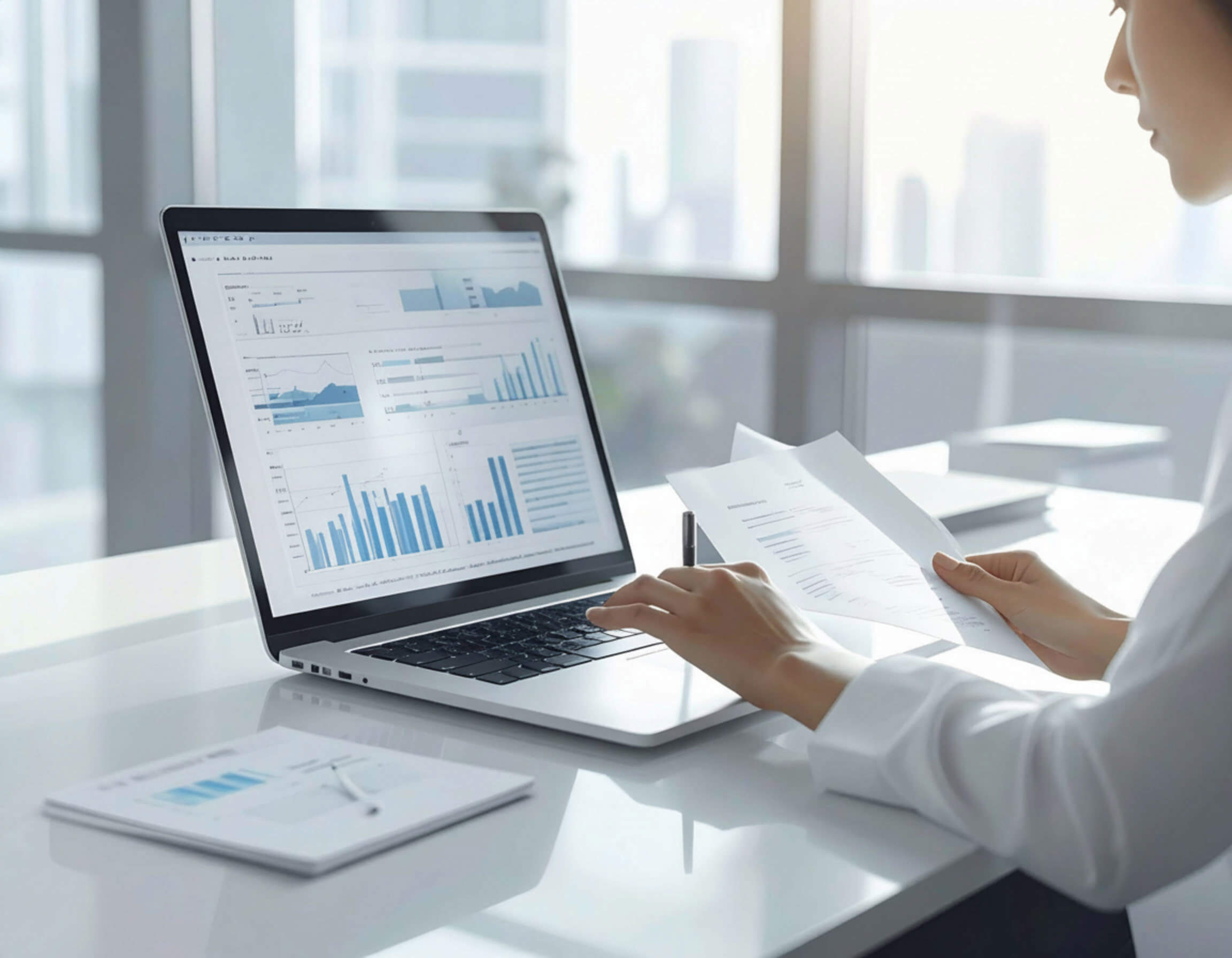 A woman analyzes graphs on her laptop, focusing on data-driven decisions for her work.