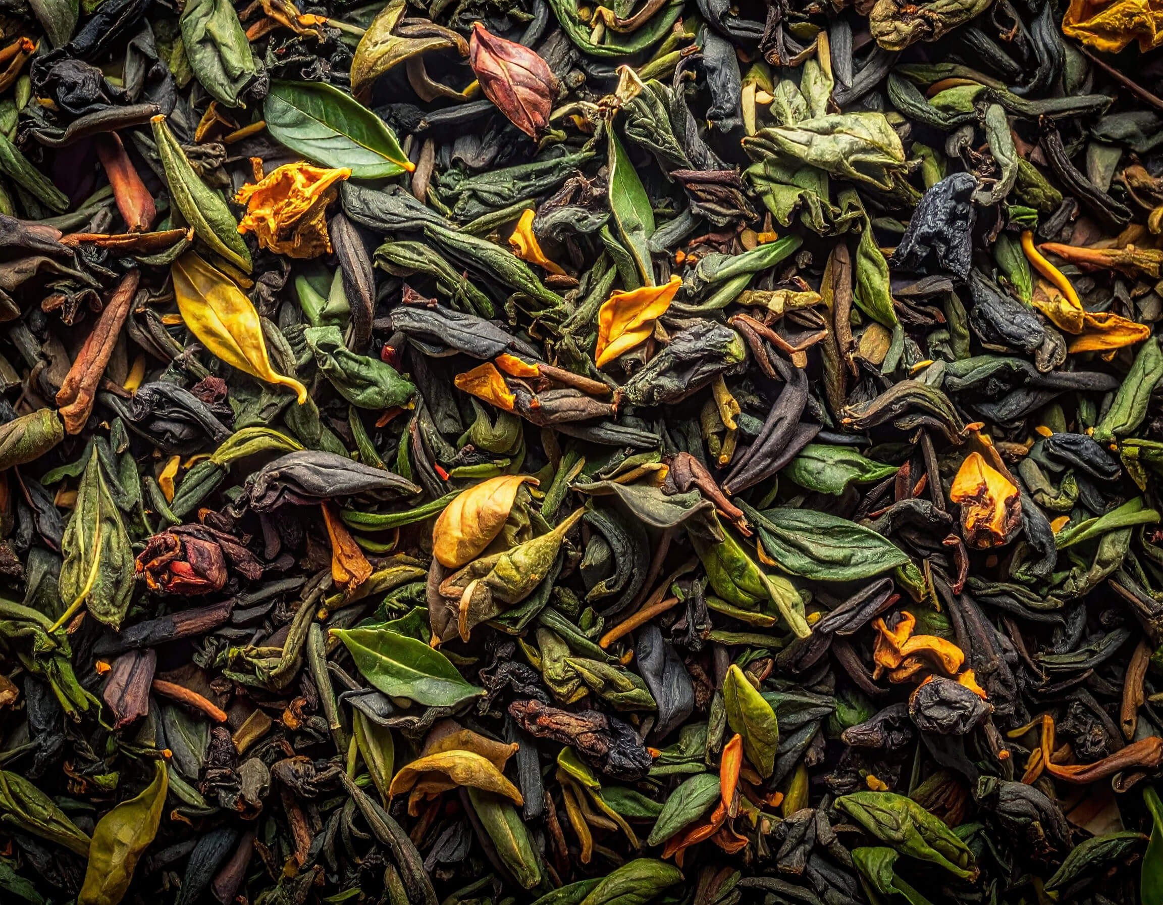 Close-up of tea leaves in different colors arranged in a textured composition.