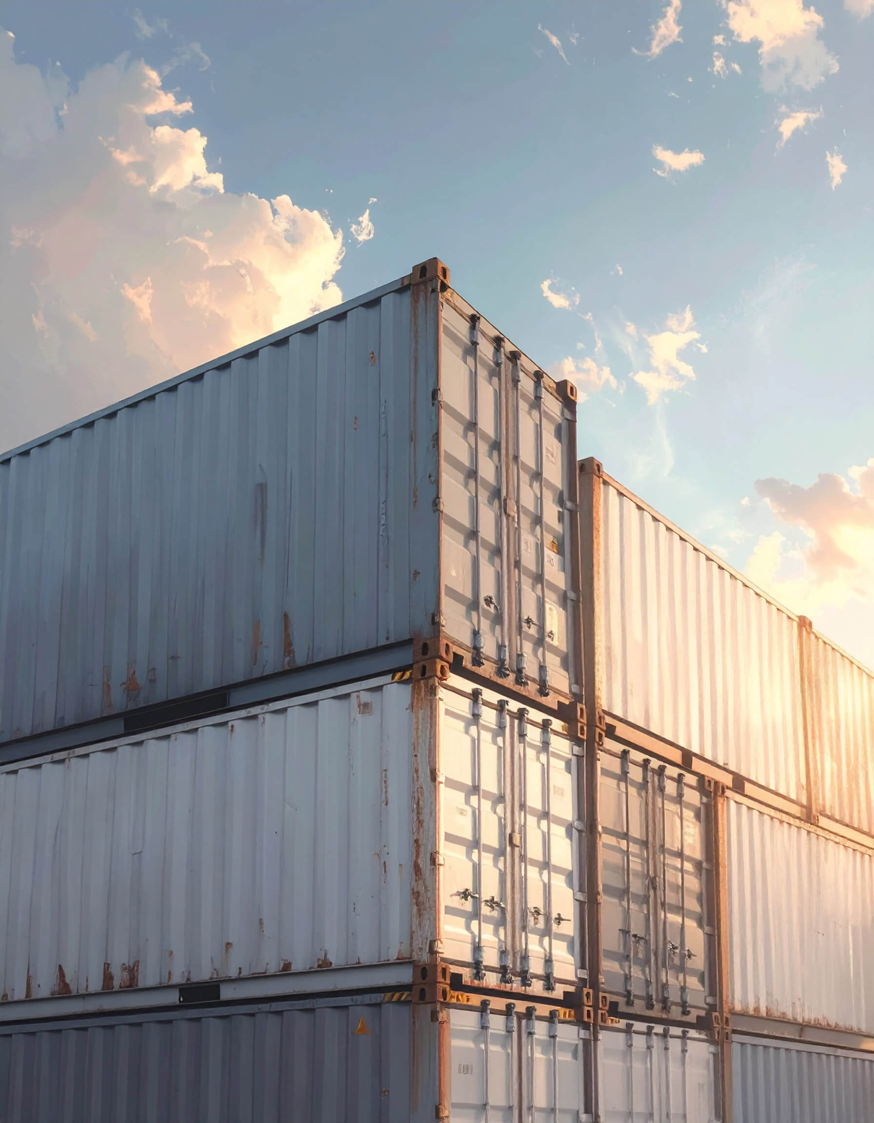 Stacked shipping containers in various colors rise against a bright sky, illustrating a busy shipping yard environment.