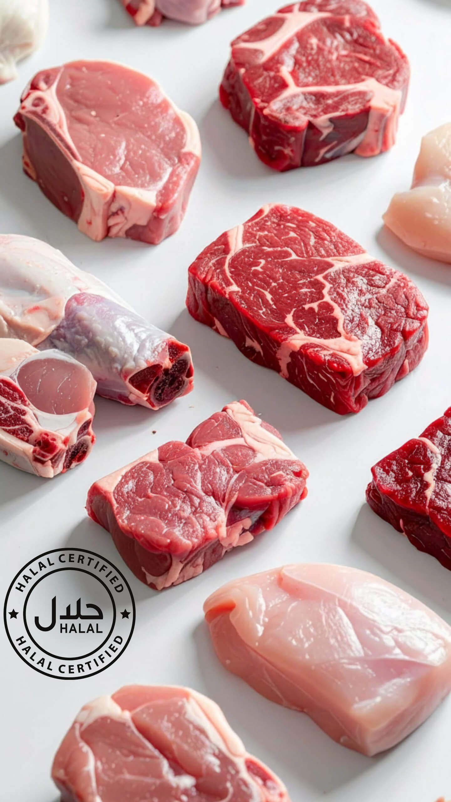 Close-up of raw meat with a halal label, representing halal or kosher dietary requirements.