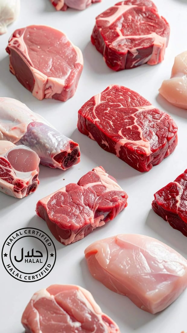Close-up of raw meat with a halal label, representing halal or kosher dietary requirements.