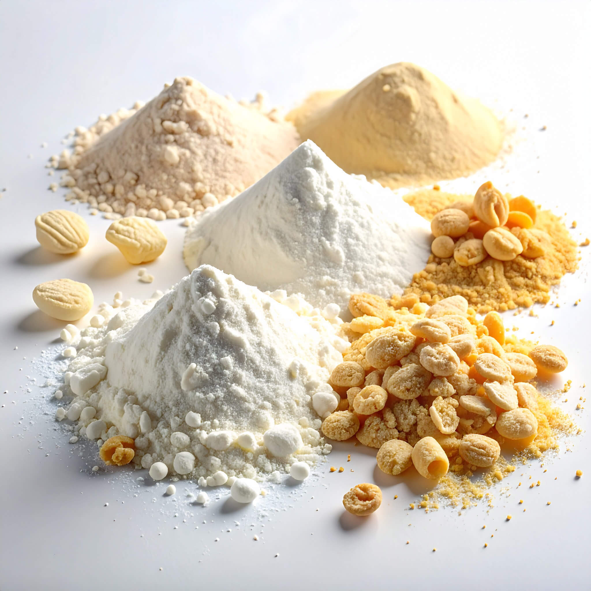 A variety of flours and ingredients, including infant formula flakes, displayed on a white surface.
