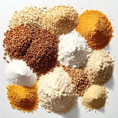 A top view of various loose grains and seeds scattered on a white surface, showcasing their diverse textures and colors.