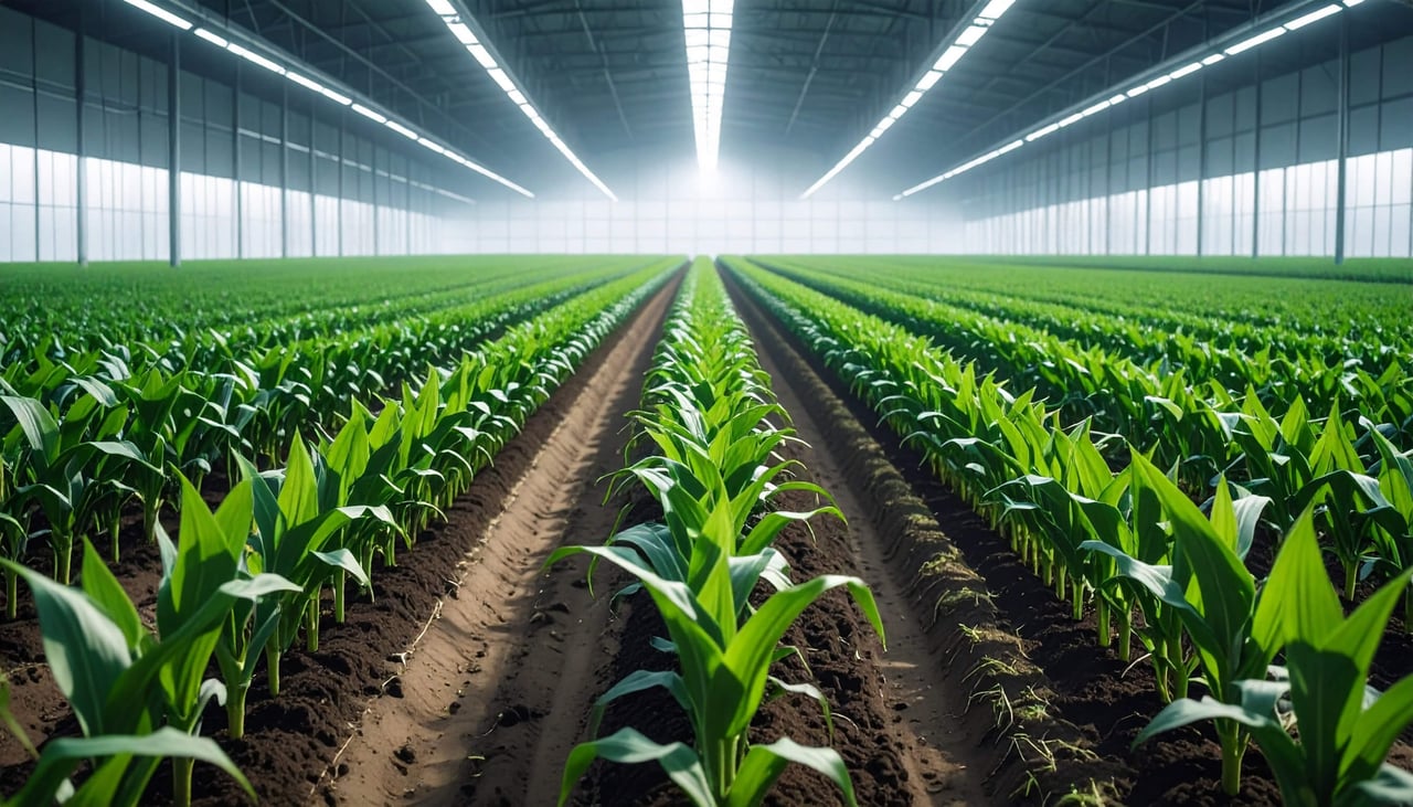 A corn field inside a large greenhouse, illuminated by sunlight streaming through the glass panels above.