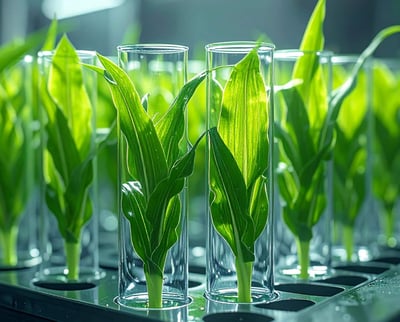 Corn plants growing in clear test tubes in a laboratory setting.