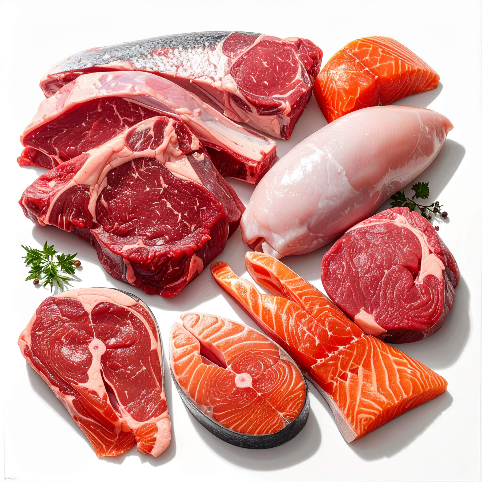 Raw meat displayed on a clean white background, showcasing its natural color and texture.