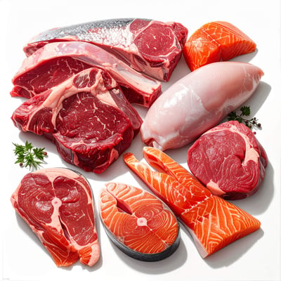 Raw meat displayed on a clean white background, showcasing its natural color and texture.