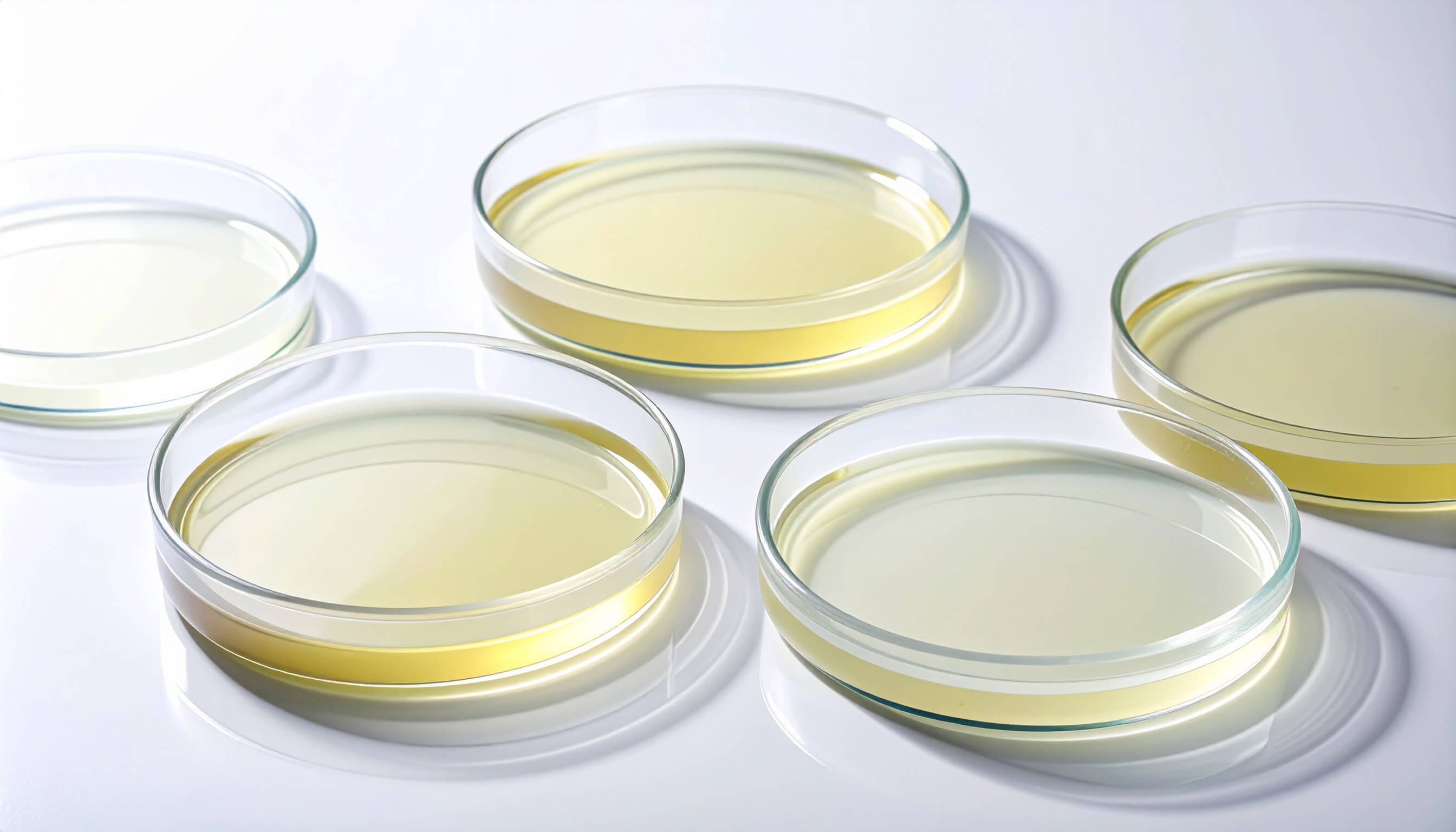 Four petri dishes containing yellow liquid, arranged neatly on a flat surface.