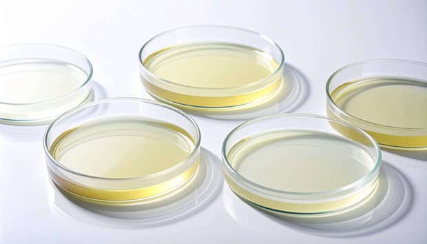 Four petri dishes containing yellow liquid, arranged neatly on a flat surface.