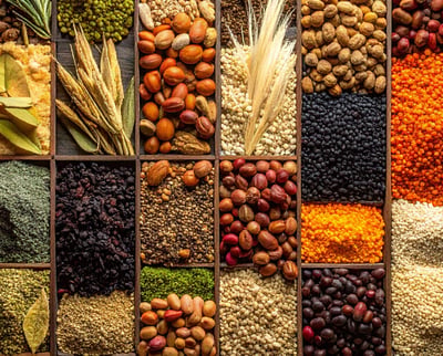 An assortment of spices and herbs displayed in a wooden box, highlighting diverse mixed botanicals.