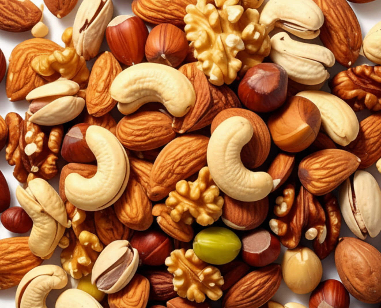 A top-down view of a mixed nut assortment on a white background.