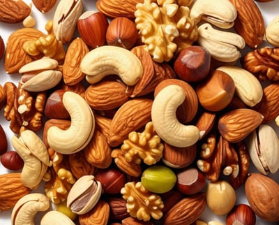 A top-down view of a mixed nut assortment on a white background.