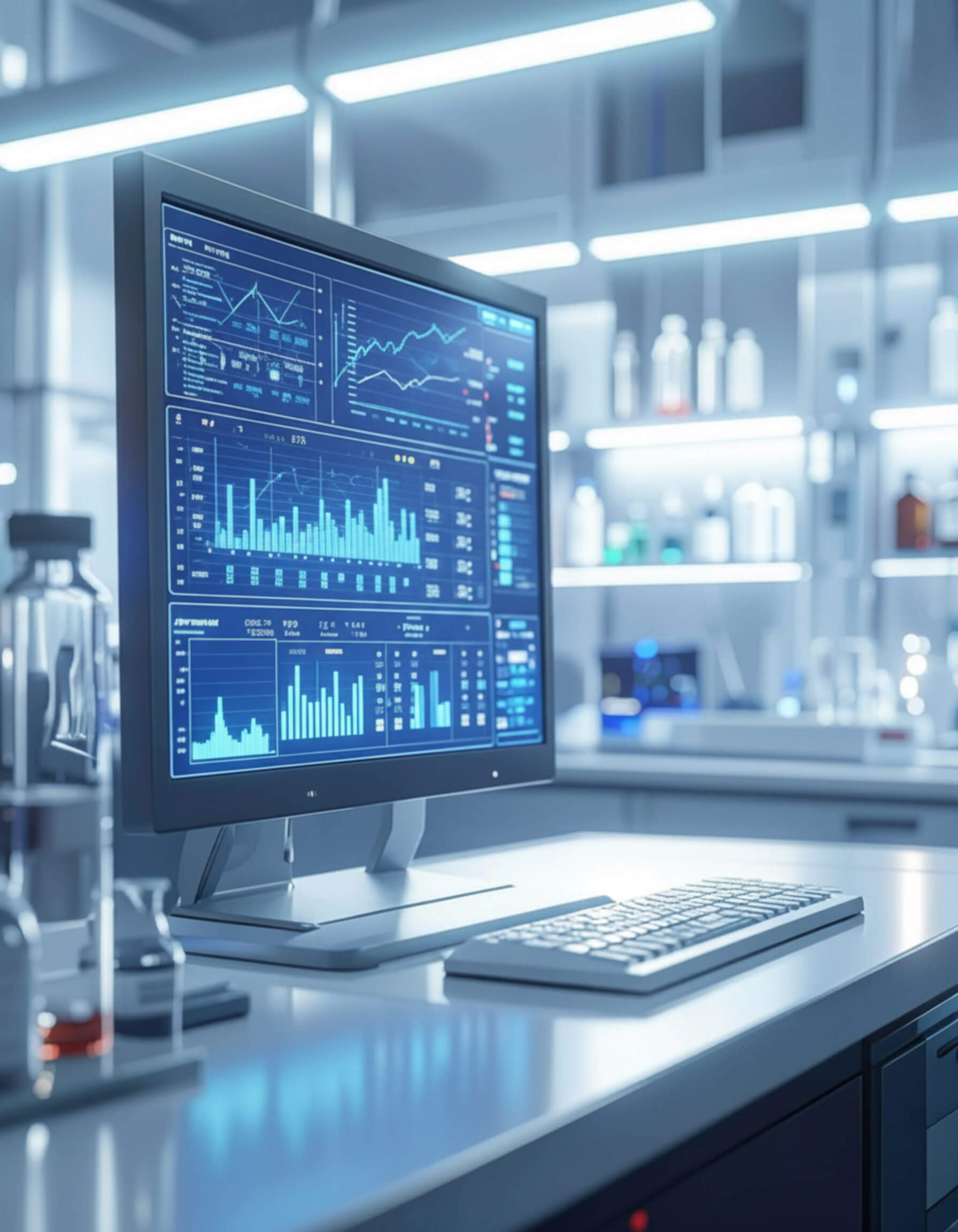 A computer monitor on a laboratory desk displaying non-GMO analysis results.