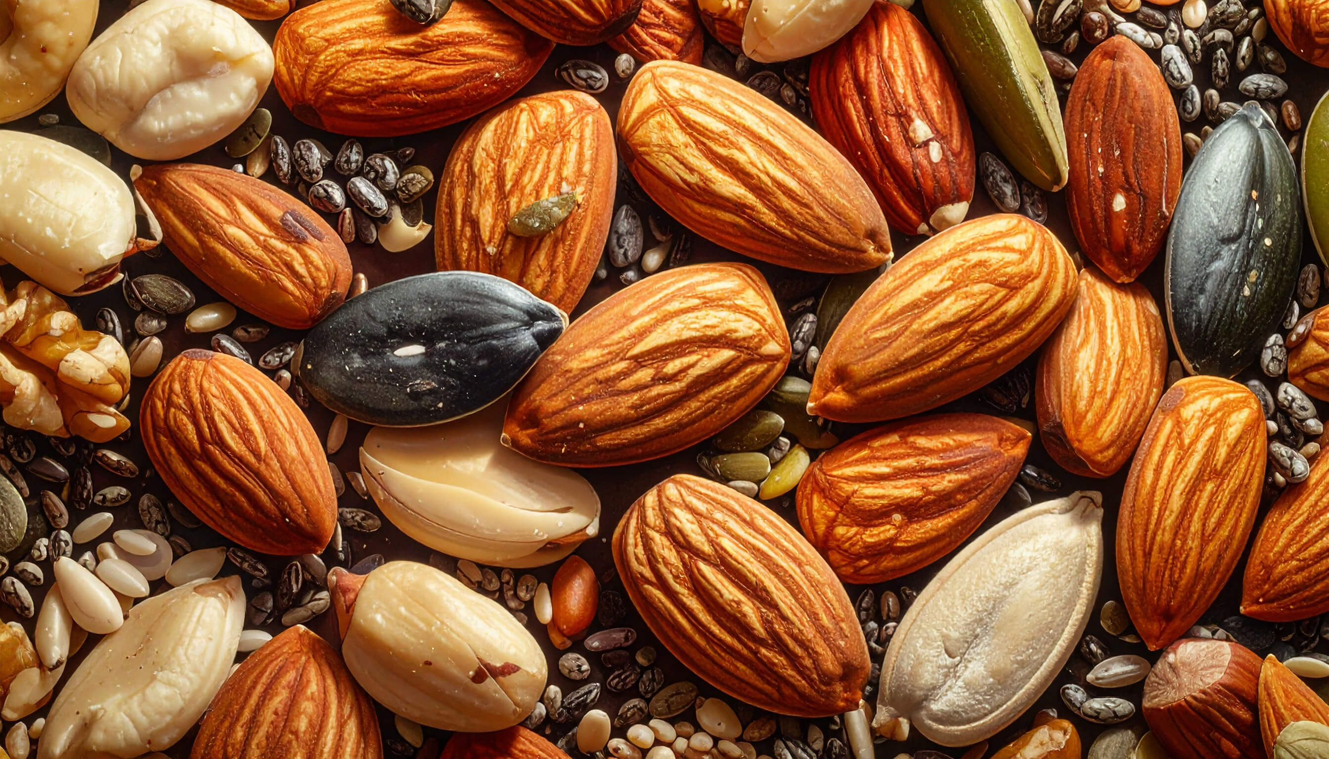 A close-up view of assorted nuts and seeds.