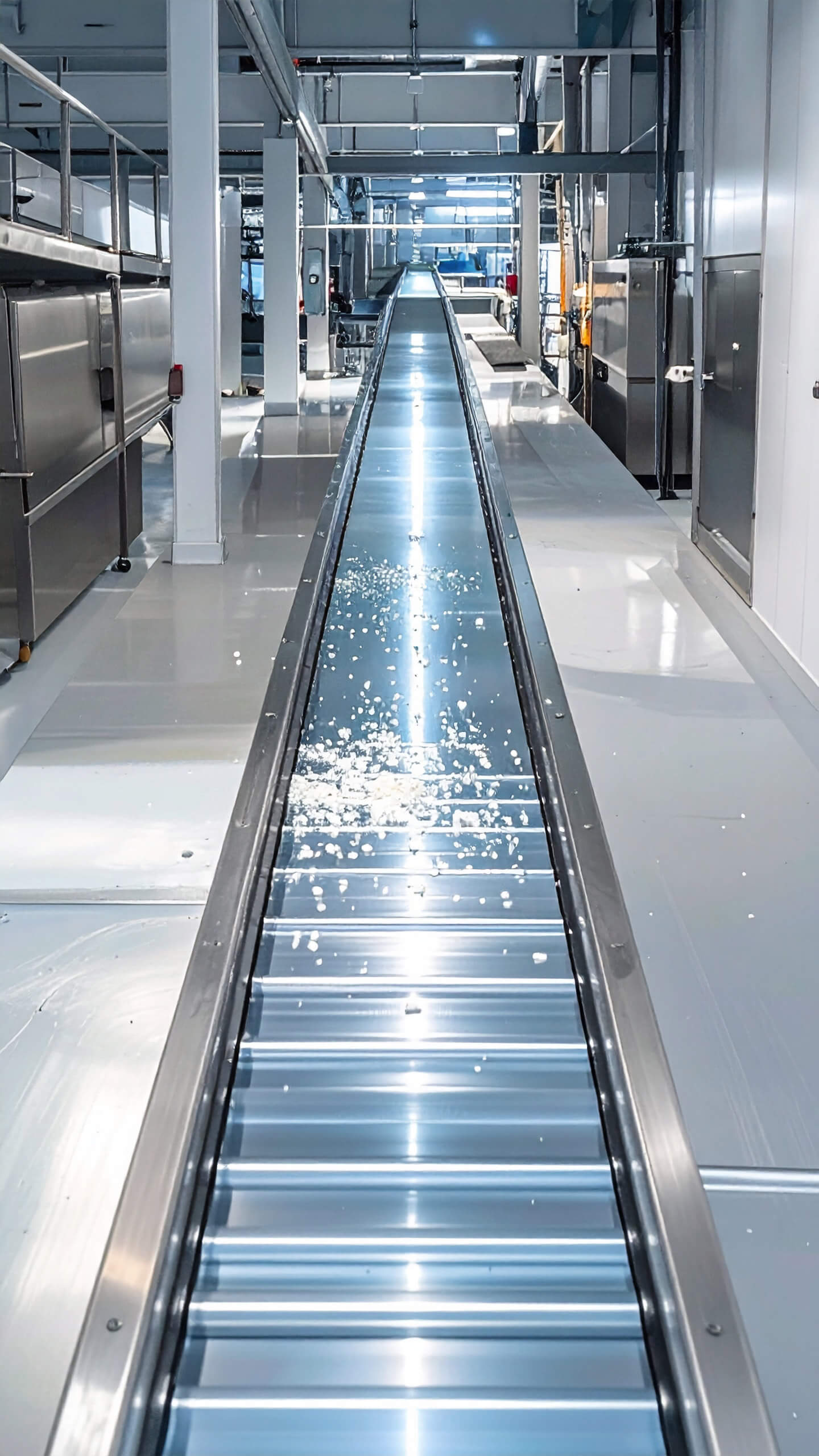 Small white particles move along a factory conveyor belt.