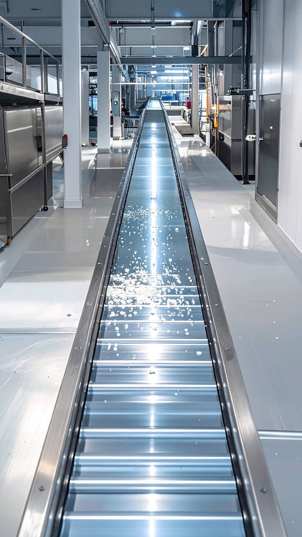 Small white particles move along a factory conveyor belt.