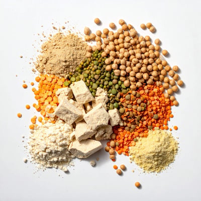 A colorful assortment of beans and plant-based ingredients, showcasing diverse sources of protein.