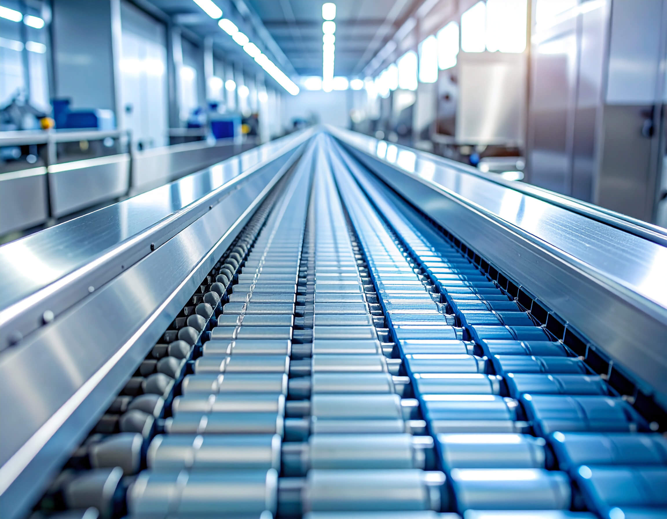 A conveyor belt moves through a production facility.