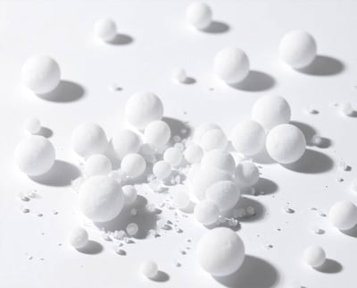 Numerous small white spheres are scattered across a white background.
