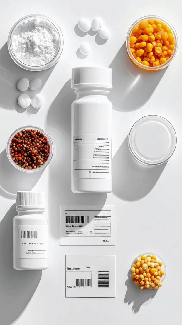 A top-down view of pills, capsules, powder, and small pill containers arranged on a white background.