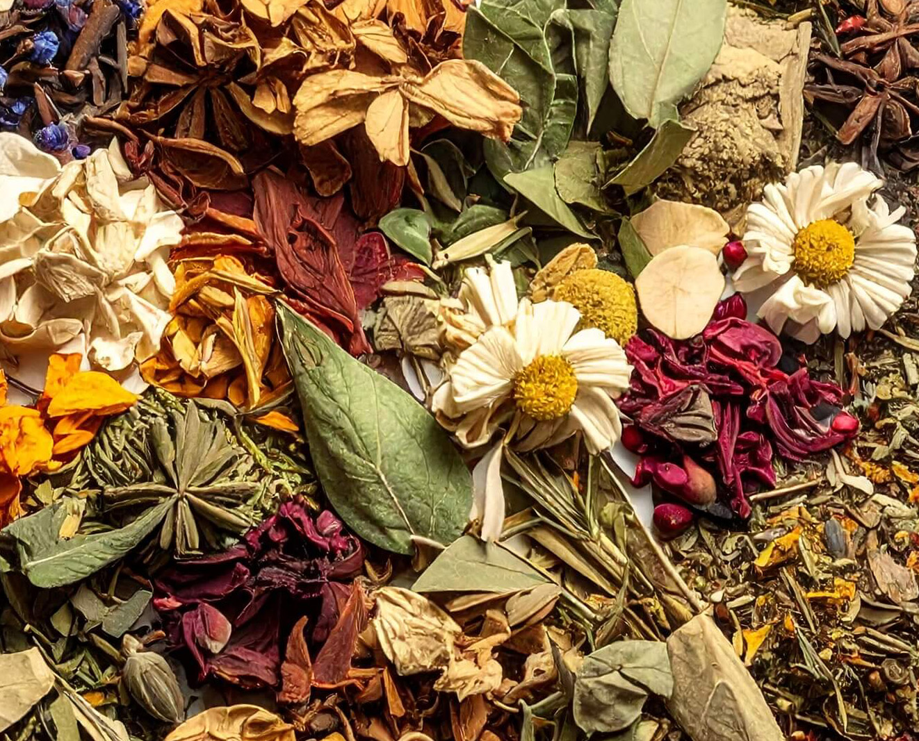 A top view of dried herbs on a white background.