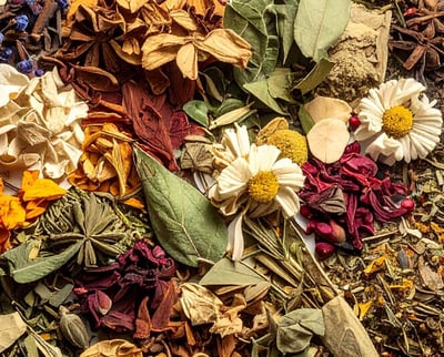 A top view of dried herbs on a white background.