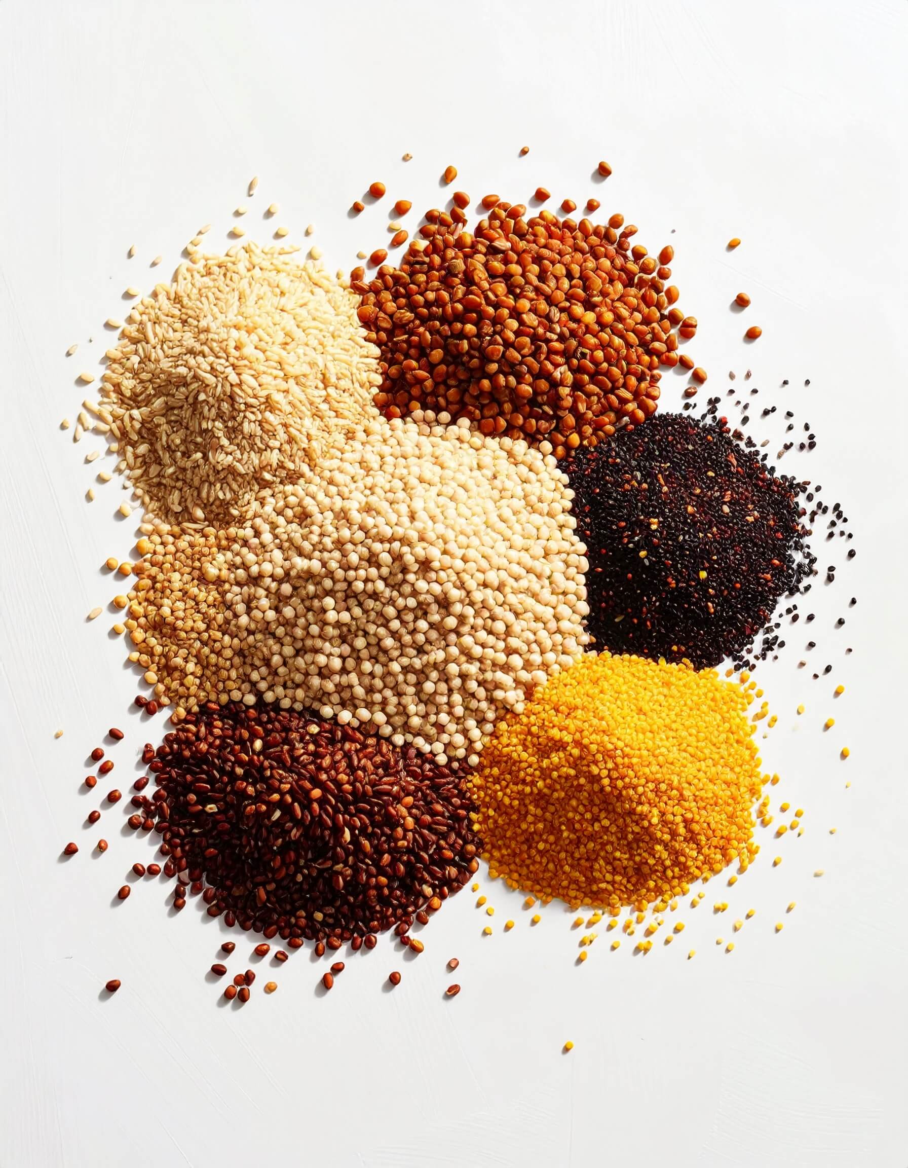 An assortment of loose grains, spices, and seeds arranged to highlight their diverse shapes and vibrant hues.