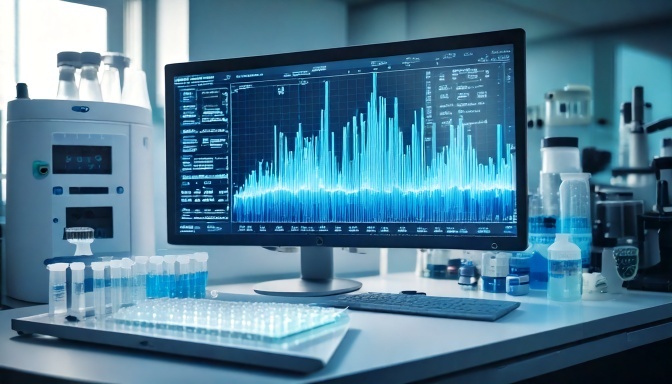 A computer monitor displaying a chromatogram graph with various peaks and valleys.