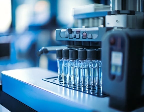 Detailed view of an HPLC autosampler featuring several test tubes positioned for analysis.