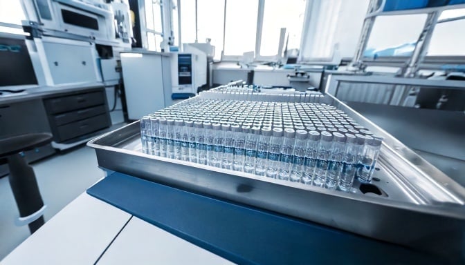 A laboratory featuring a large tray filled with test tubes for HPLC preservative analysis.