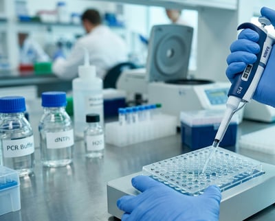 Close-up of a gloved hand using a pipette to transfer liquid into a laboratory microplate.