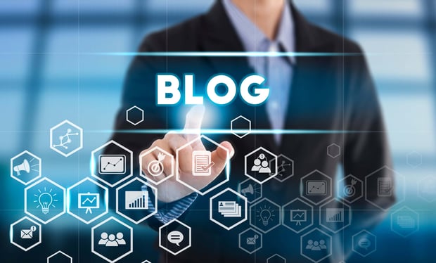 Business professional pressing a digital blog interface with icons representing communication, analytics, ideas, and online content.