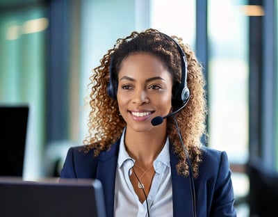 Smiling customer support representative wearing a headset while working at a computer in a modern office.