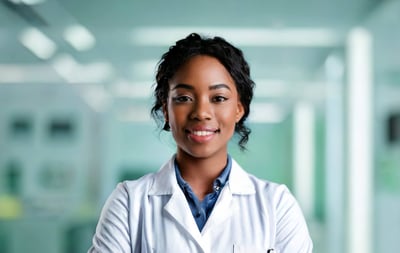 Smiling female scientist in a lab coat standing in a modern laboratory.