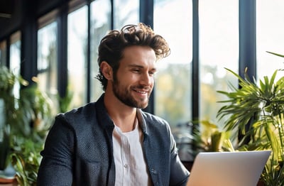 Smiling business professional working on a laptop in a bright office with plants.