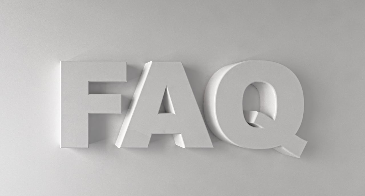 Three-dimensional FAQ text on a grey background.