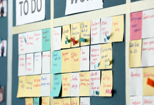 Scrum task board with sticky notes arranged in workflow columns on an office wall.
