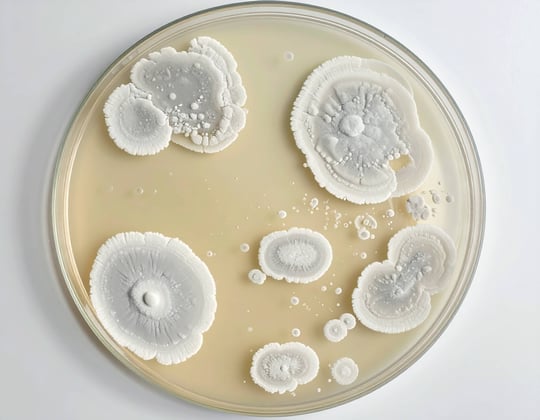 A petri dish contains multiple white bacterial colonies growing on a culture medium.